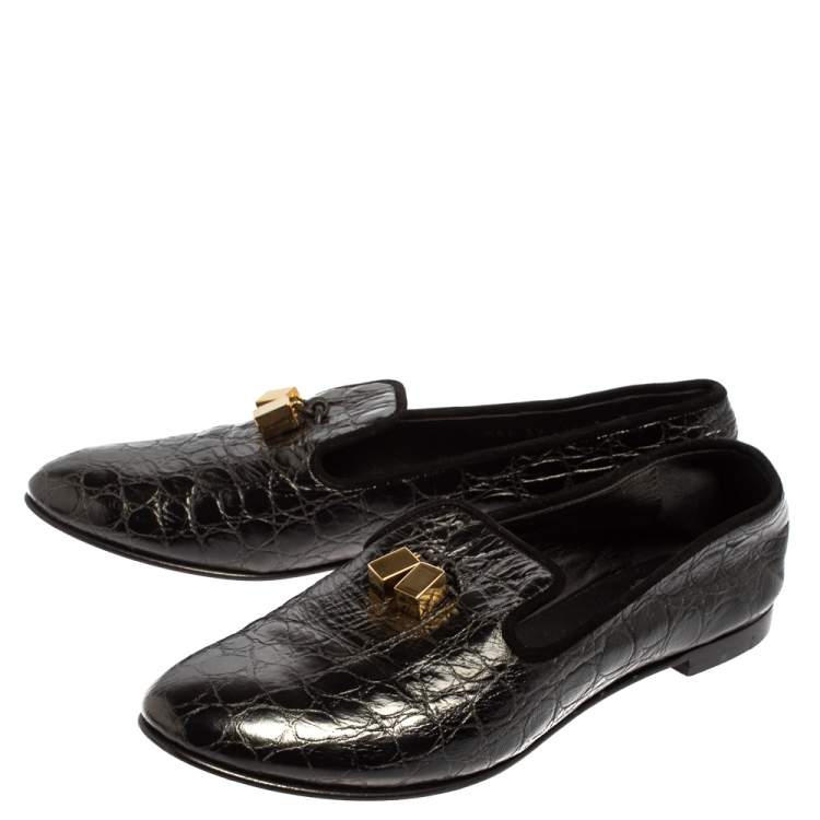 Pre Owned Giuseppe Zanotti Black Croc Embossed Leather Smoking Slippers Size 39