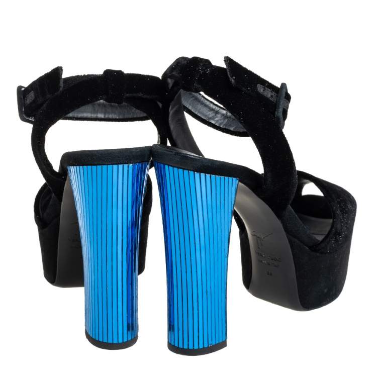 Pre Owned Giuseppe Zanotti Black Velvet Platform Ankle Strap Sandals Size 38