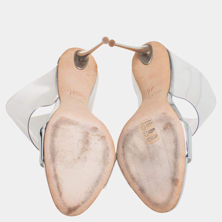 Pre Owned Giuseppe Zanotti Silver Leather And PVC Andrea Mules Size 39