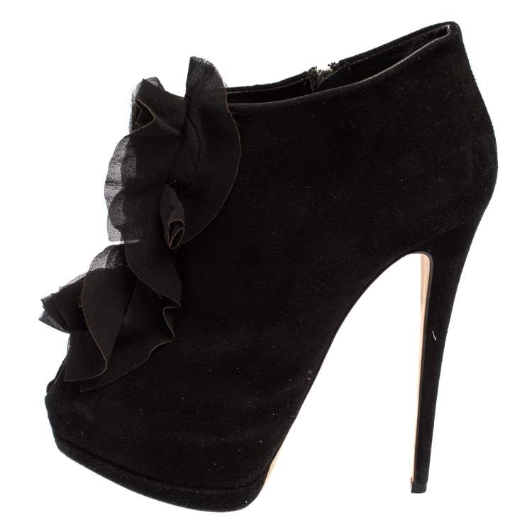 Pre Owned Giuseppe Zanotti Black Suede Peep Toe Ankle Boots Size 39.5