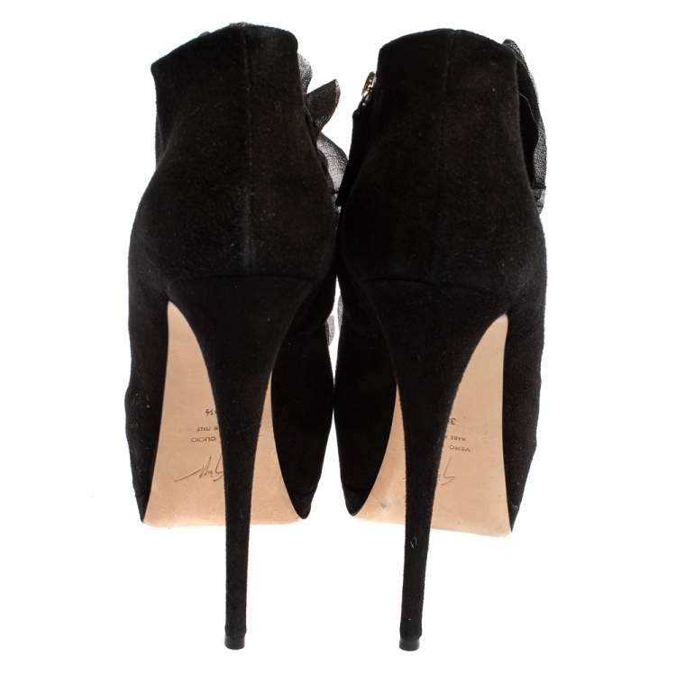 Pre Owned Giuseppe Zanotti Black Suede Peep Toe Ankle Boots Size 39.5