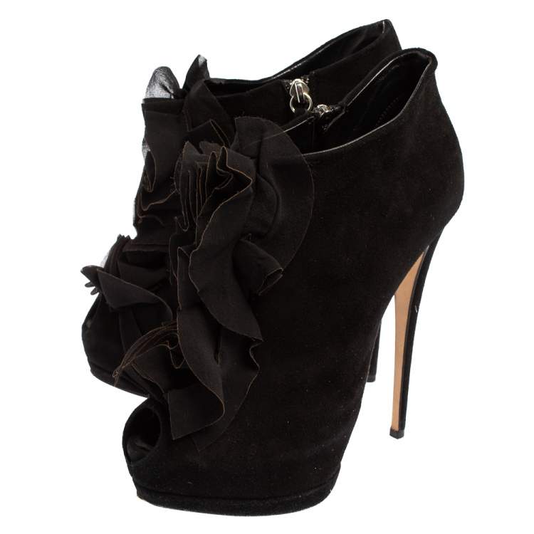Pre Owned Giuseppe Zanotti Black Suede Peep Toe Ankle Boots Size 39.5