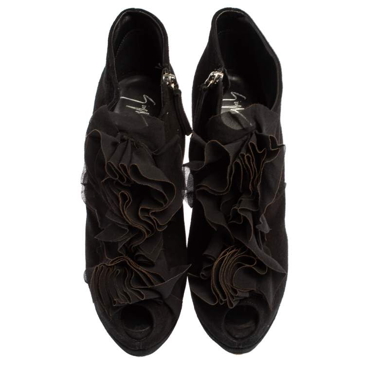 Pre Owned Giuseppe Zanotti Black Suede Peep Toe Ankle Boots Size 39.5