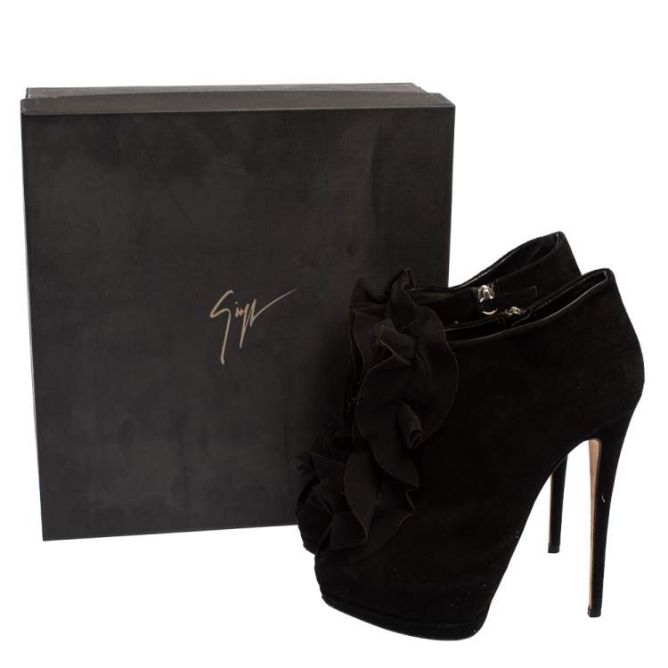 Pre Owned Giuseppe Zanotti Black Suede Peep Toe Ankle Boots Size 39.5