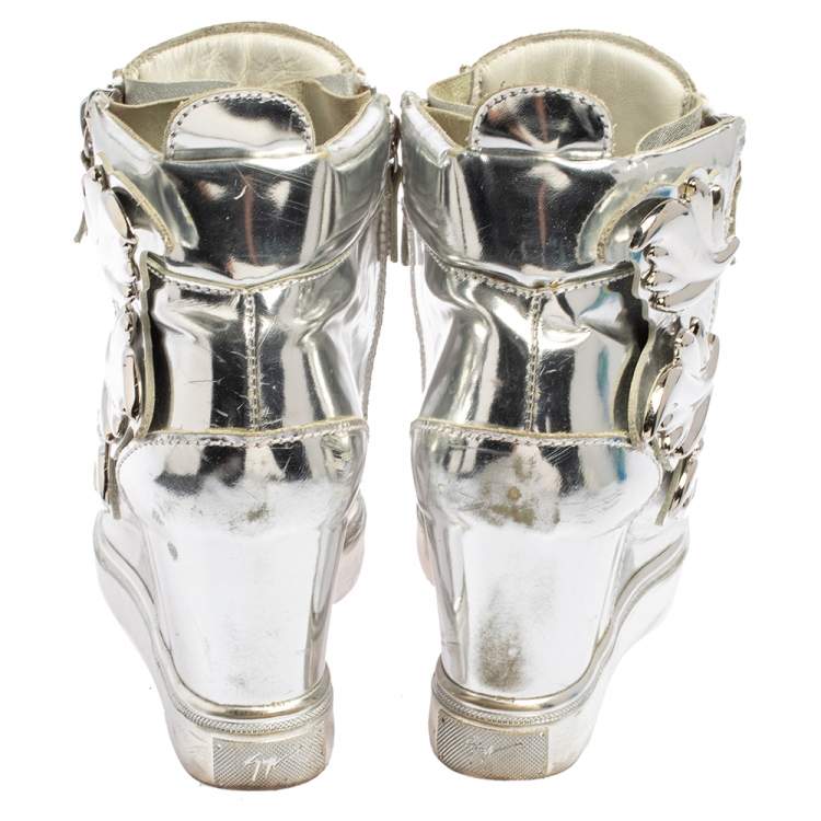 Pre Owned Giuseppe Zanotti Metallic Silver Leather Double Zip Wedge Sneakers Size 35