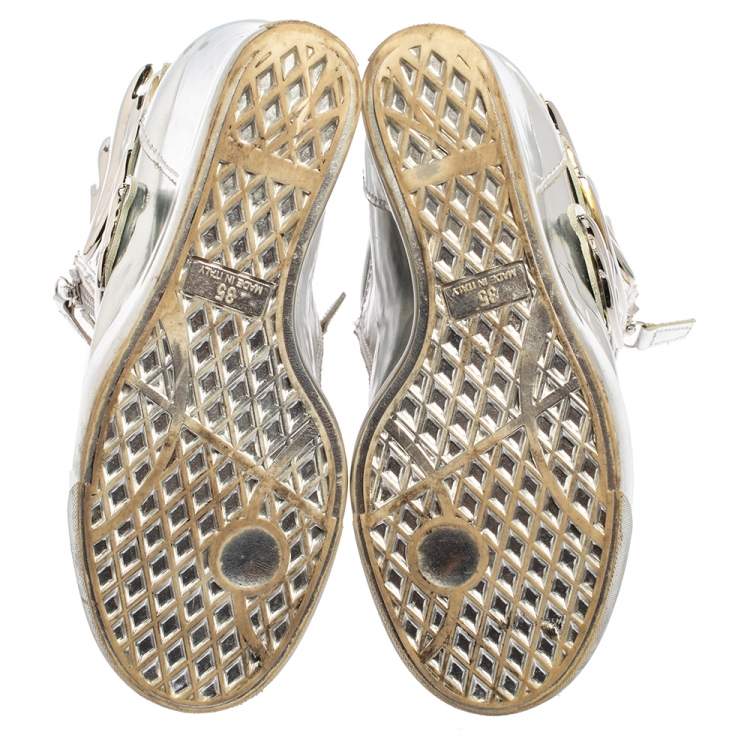 Pre Owned Giuseppe Zanotti Metallic Silver Leather Double Zip Wedge Sneakers Size 35