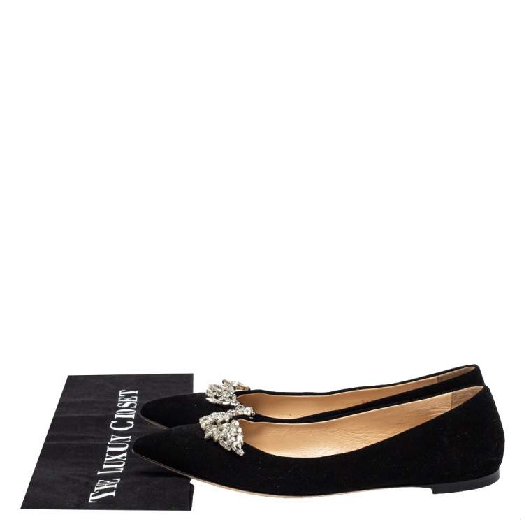 Pre Owned Giuseppe Zanotti Black Suede Embellished Ballet  Flats Size 37.5