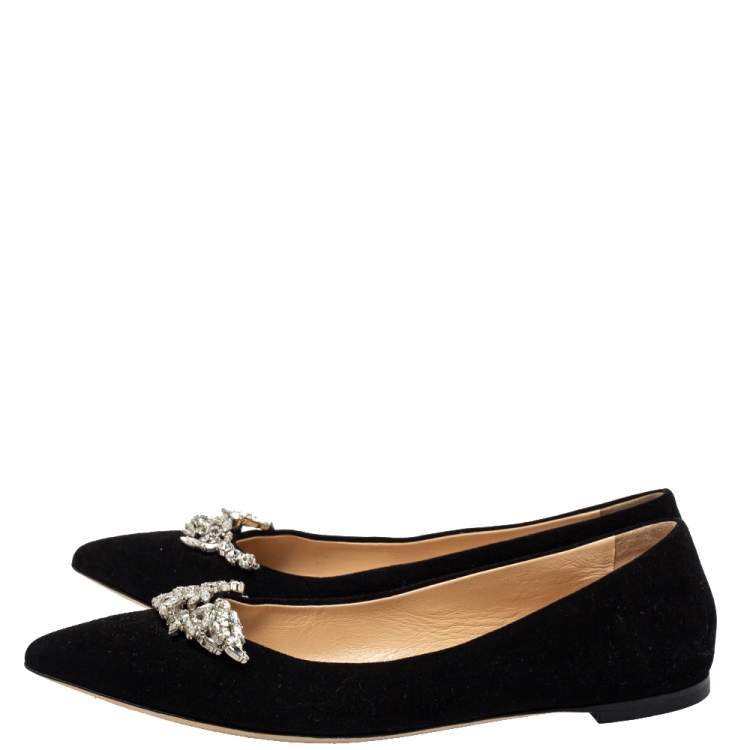 Pre Owned Giuseppe Zanotti Black Suede Embellished Ballet  Flats Size 37.5