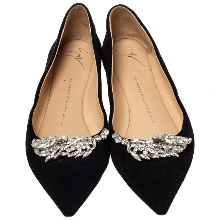 Pre Owned Giuseppe Zanotti Black Suede Embellished Ballet  Flats Size 37.5
