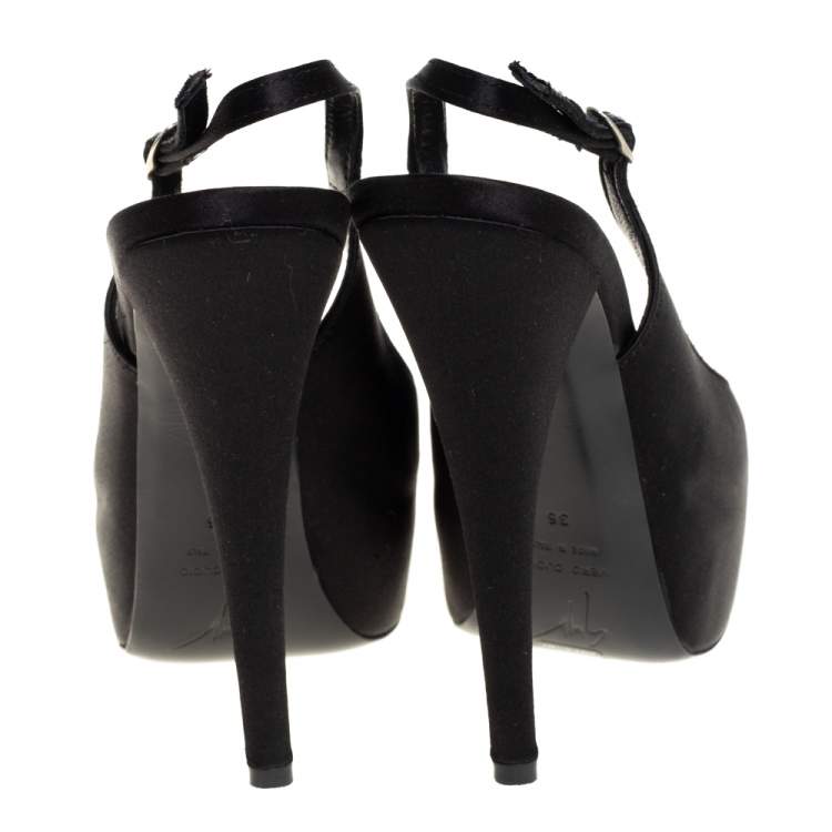Pre Owned Giuseppe Zanotti Black Satin Platform Peep Toe Slingback Sandals Size 36