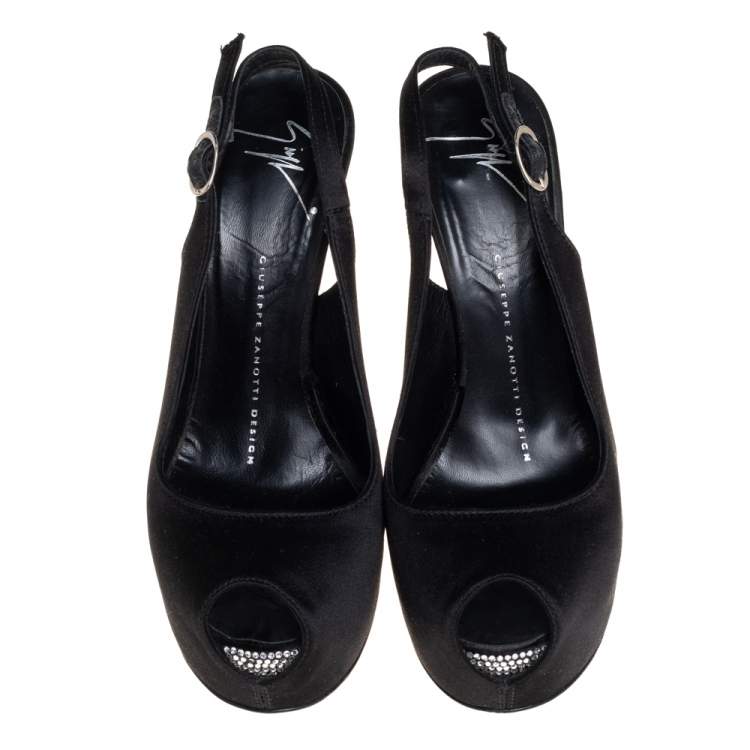 Pre Owned Giuseppe Zanotti Black Satin Platform Peep Toe Slingback Sandals Size 36