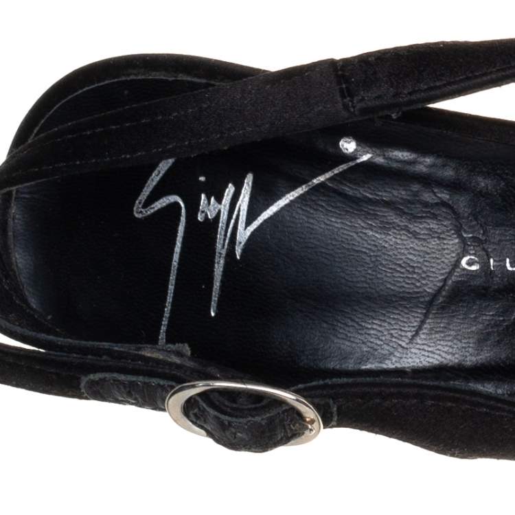 Pre Owned Giuseppe Zanotti Black Satin Platform Peep Toe Slingback Sandals Size 36