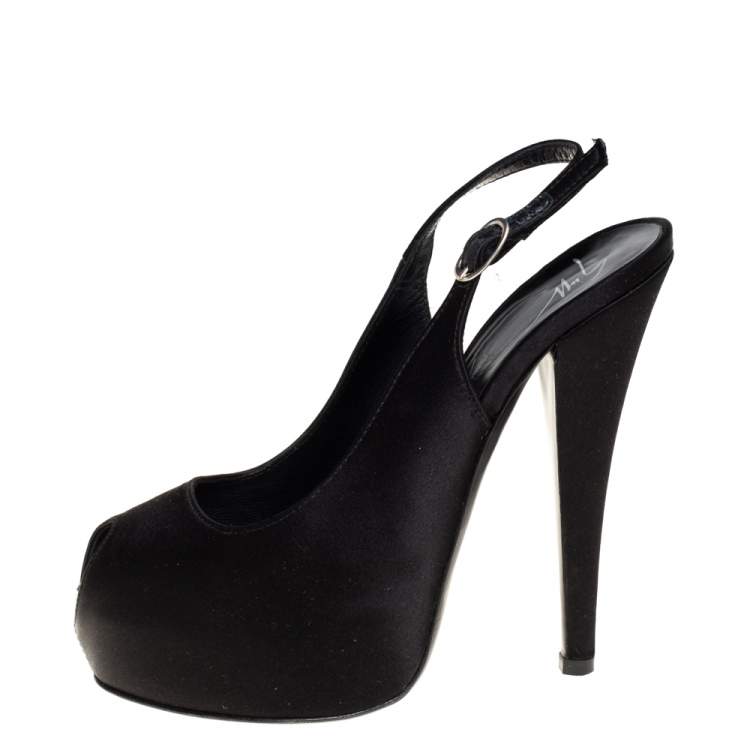 Pre Owned Giuseppe Zanotti Black Satin Platform Peep Toe Slingback Sandals Size 36