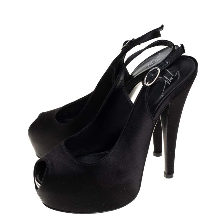 Pre Owned Giuseppe Zanotti Black Satin Platform Peep Toe Slingback Sandals Size 36
