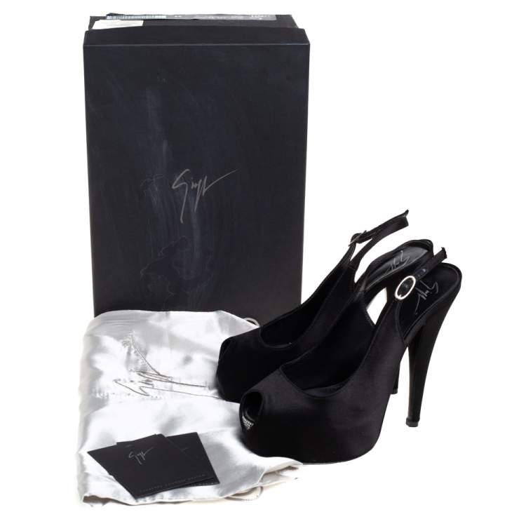 Pre Owned Giuseppe Zanotti Black Satin Platform Peep Toe Slingback Sandals Size 36