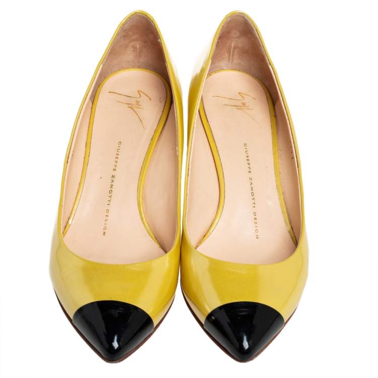 Pre Owned Giuseppe Zanotti Yellow/Black Patent Leather Cap Toe Pumps Size 38
