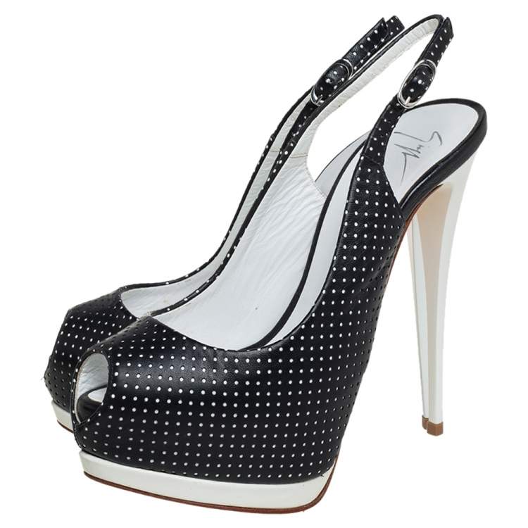 Pre Owned Giuseppe Zanotti Black/White Lather Peep Toe Slingback Sandals Size 36