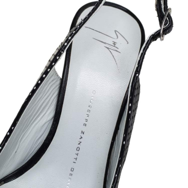 Pre Owned Giuseppe Zanotti Black/White Lather Peep Toe Slingback Sandals Size 36