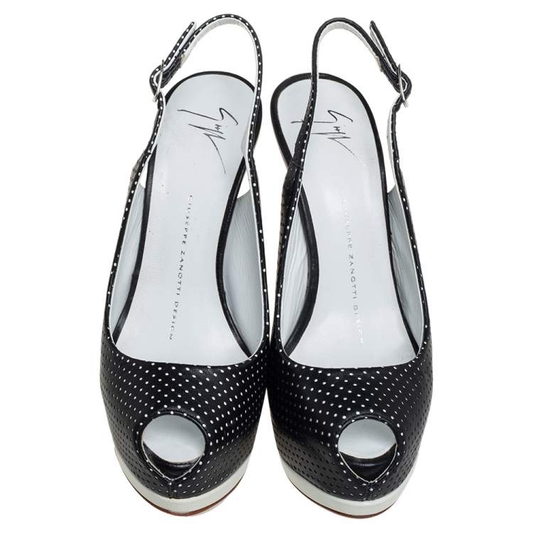 Pre Owned Giuseppe Zanotti Black/White Lather Peep Toe Slingback Sandals Size 36