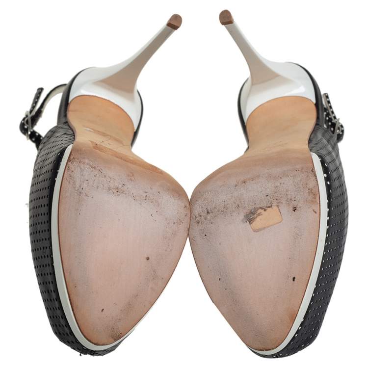 Pre Owned Giuseppe Zanotti Black/White Lather Peep Toe Slingback Sandals Size 36