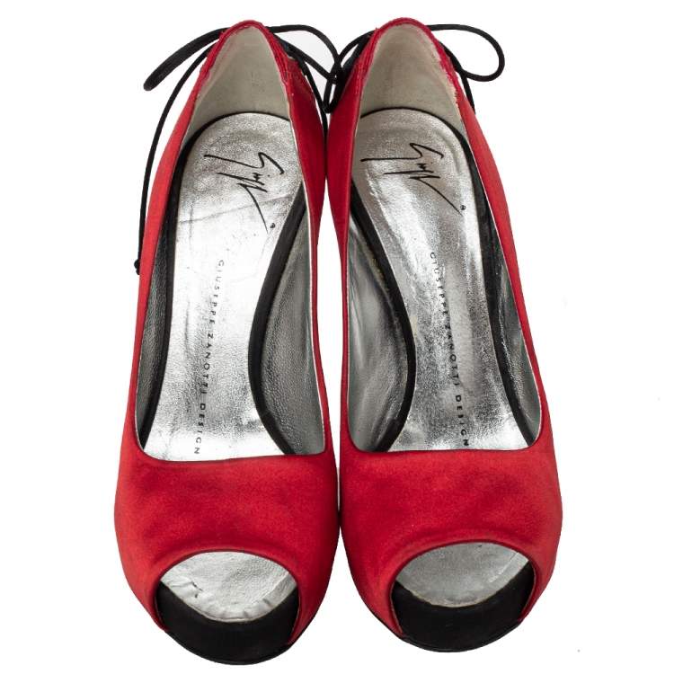 Pre Owned Giuseppe Zanotti Red Satin Peep Toe Platform Pumps Size 36
