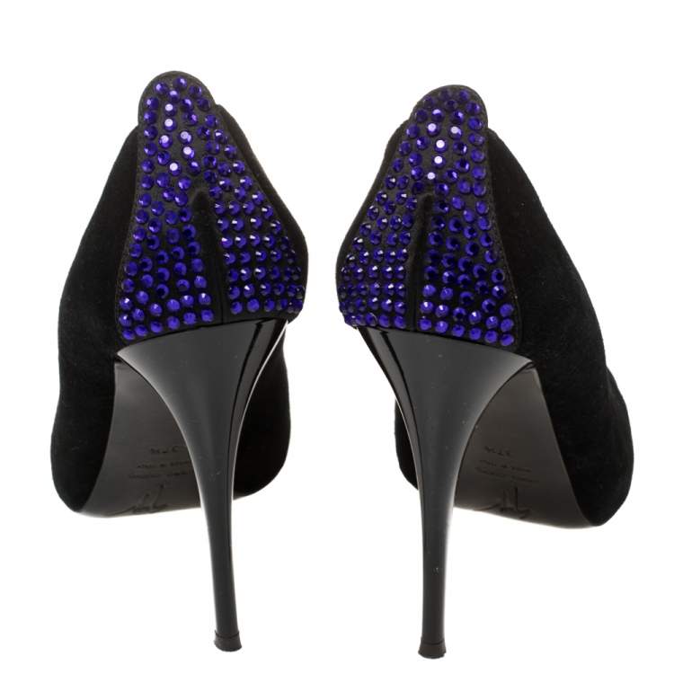 Pre Owned Giuseppe Zanotti Black Suede Embellished Peep Toe Pumps Size 37.5