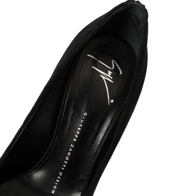 Pre Owned Giuseppe Zanotti Black Suede Embellished Peep Toe Pumps Size 37.5