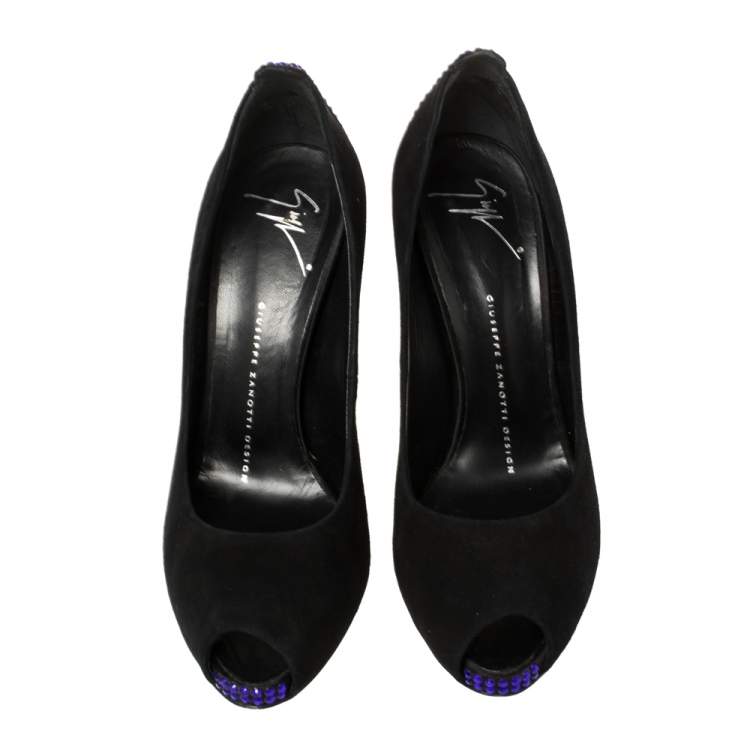 Pre Owned Giuseppe Zanotti Black Suede Embellished Peep Toe Pumps Size 37.5