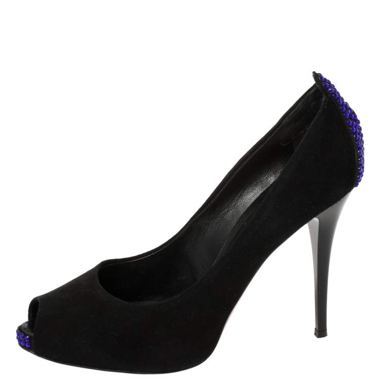 Pre Owned Giuseppe Zanotti Black Suede Embellished Peep Toe Pumps Size 37.5