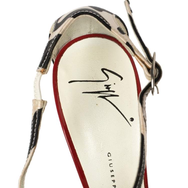 Pre Owned Giuseppe Zanotti White/Black Satin Ankle Strap Sandals Size 36.5