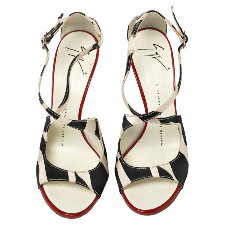 Pre Owned Giuseppe Zanotti White/Black Satin Ankle Strap Sandals Size 36.5