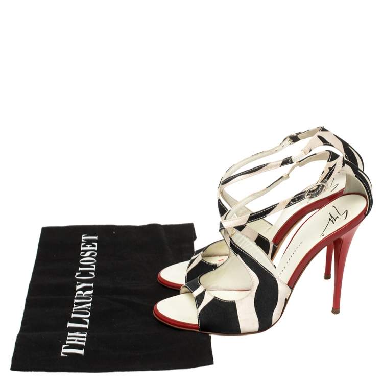 Pre Owned Giuseppe Zanotti White/Black Satin Ankle Strap Sandals Size 36.5
