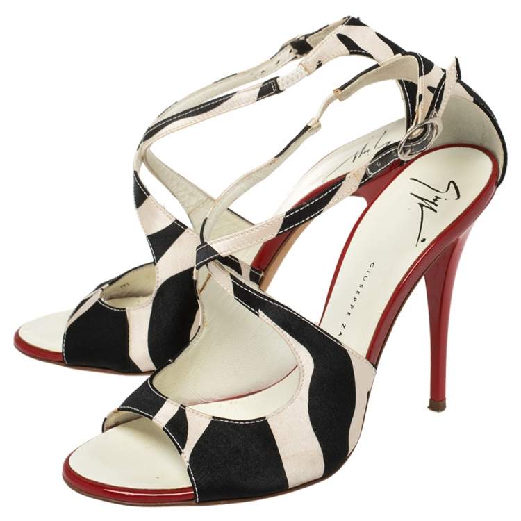Pre Owned Giuseppe Zanotti White/Black Satin Ankle Strap Sandals Size 36.5