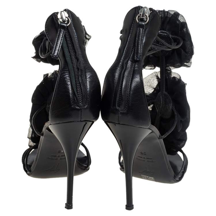 Pre Owned Giussepe Zanotti Black Leather And Organza Floral Detail Strappy Sandals Size 36
