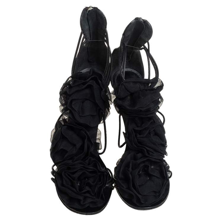 Pre Owned Giussepe Zanotti Black Leather And Organza Floral Detail Strappy Sandals Size 36
