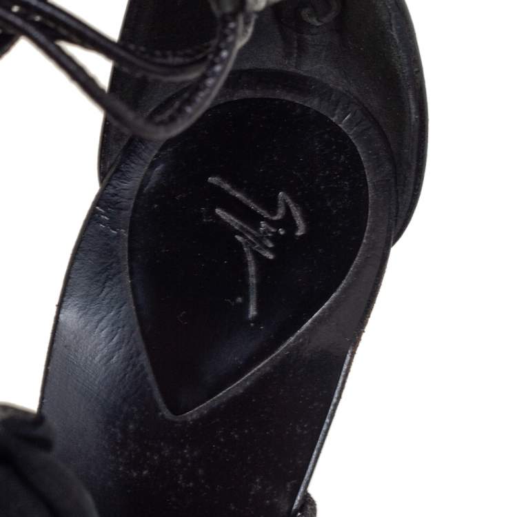 Pre Owned Giussepe Zanotti Black Leather And Organza Floral Detail Strappy Sandals Size 36