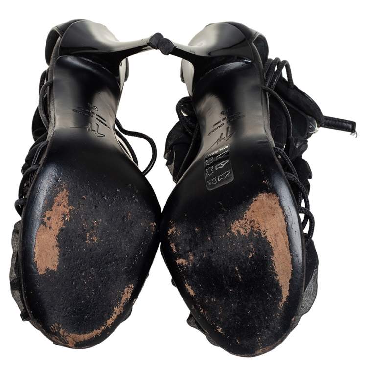 Pre Owned Giussepe Zanotti Black Leather And Organza Floral Detail Strappy Sandals Size 36