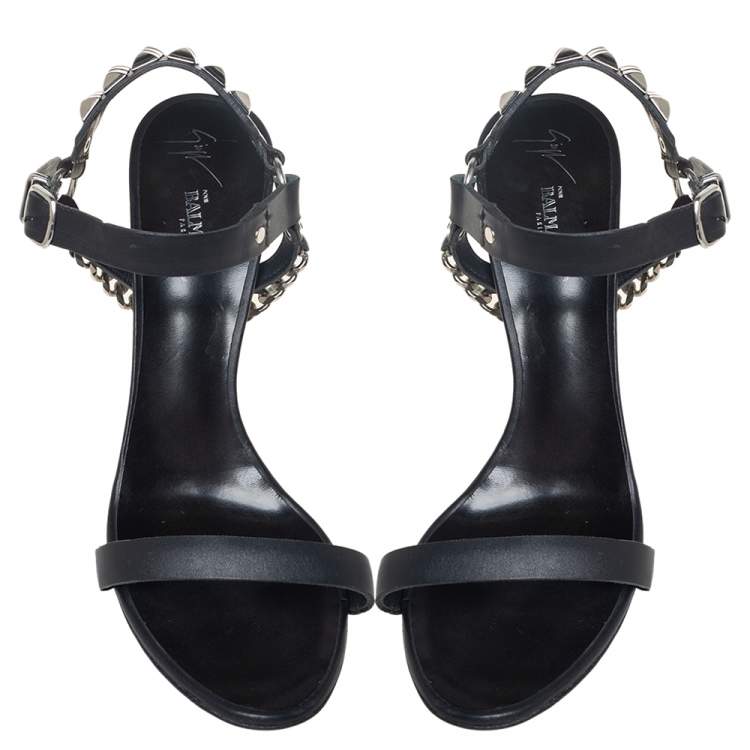 Pre Owned Giuseppe Zanotti x Balmain Black Leather Studded Accents Sandals Size 42