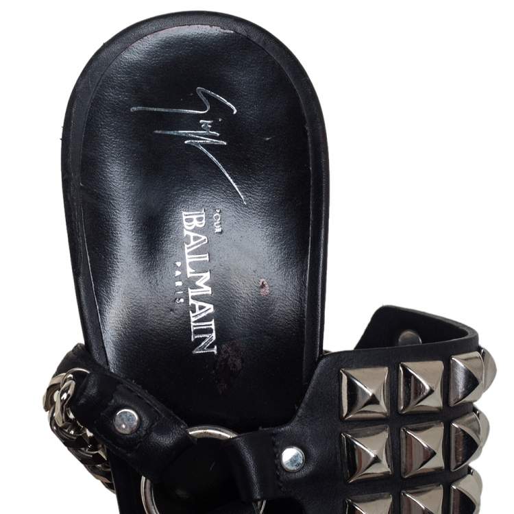 Pre Owned Giuseppe Zanotti x Balmain Black Leather Studded Accents Sandals Size 42