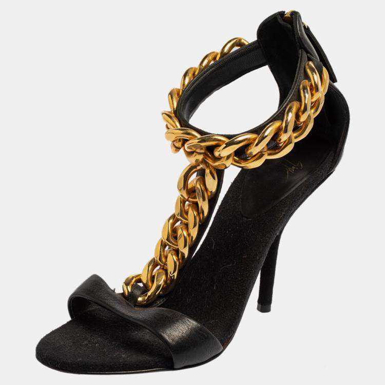 Pre Owned Giuseppe Zanotti Black Leather Chain Detail T Strap Sandals Size 38.5