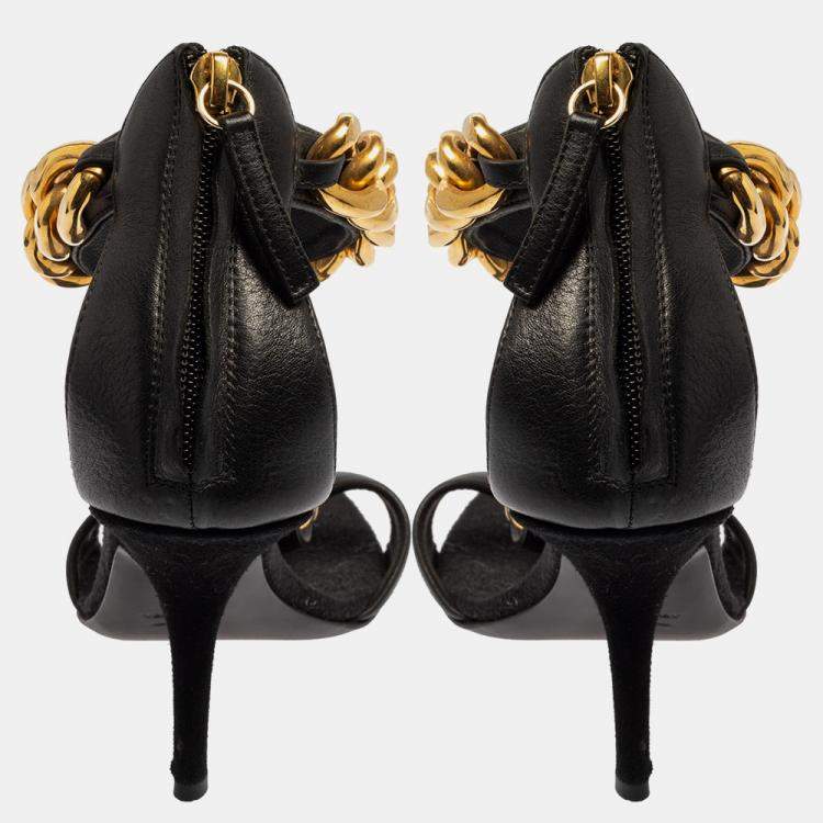 Pre Owned Giuseppe Zanotti Black Leather Chain Detail T Strap Sandals Size 38.5