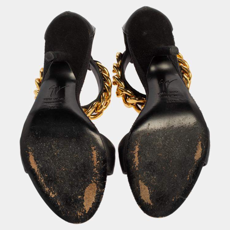 Pre Owned Giuseppe Zanotti Black Leather Chain Detail T Strap Sandals Size 38.5