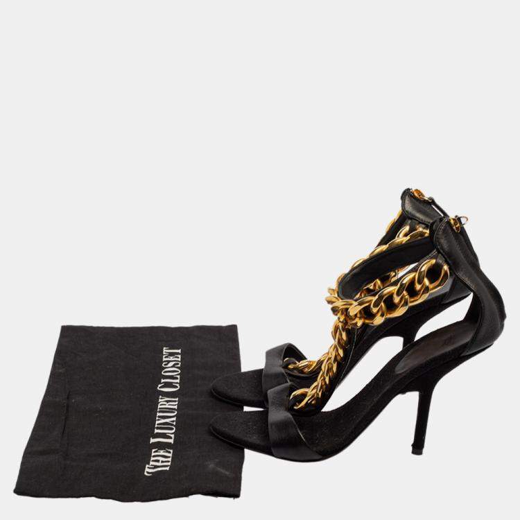 Pre Owned Giuseppe Zanotti Black Leather Chain Detail T Strap Sandals Size 38.5
