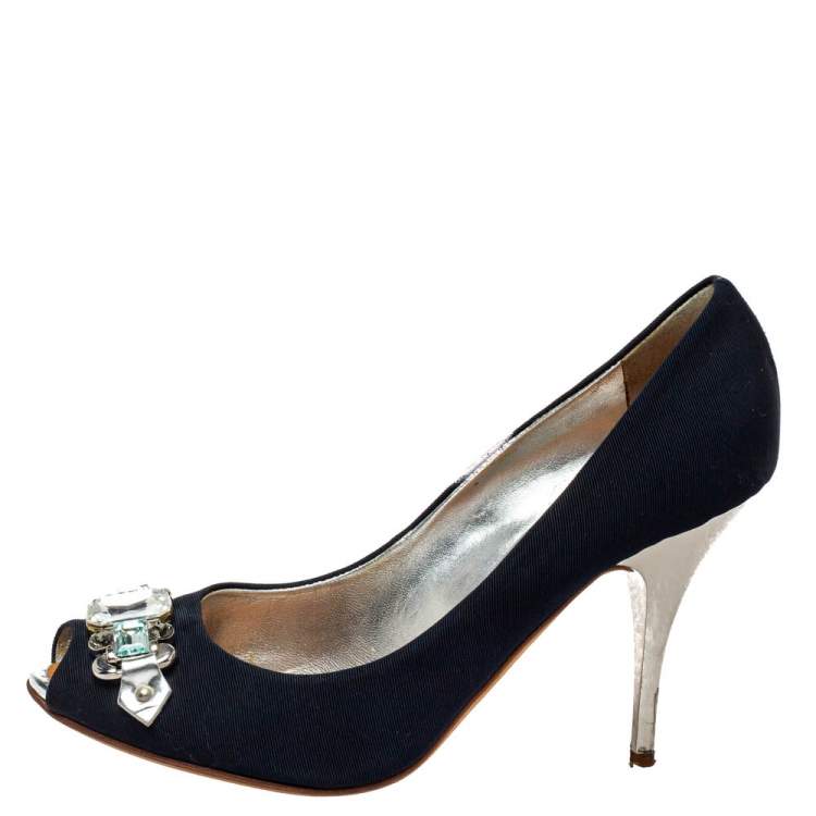 Pre Owned Giuseppe Zanotti Blue Fabric Embellished Peep Toe Pumps Size 38.5