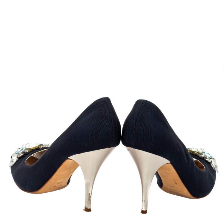 Pre Owned Giuseppe Zanotti Blue Fabric Embellished Peep Toe Pumps Size 38.5
