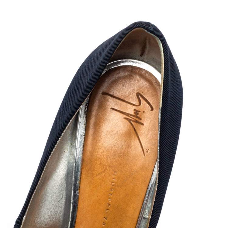 Pre Owned Giuseppe Zanotti Blue Fabric Embellished Peep Toe Pumps Size 38.5