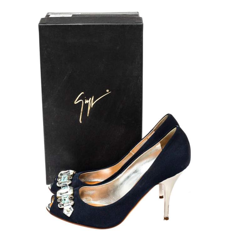 Pre Owned Giuseppe Zanotti Blue Fabric Embellished Peep Toe Pumps Size 38.5