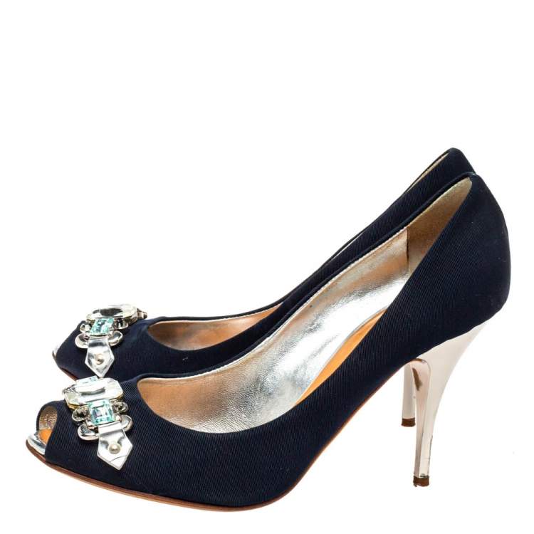 Pre Owned Giuseppe Zanotti Blue Fabric Embellished Peep Toe Pumps Size 38.5