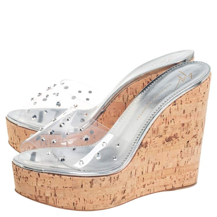 Pre Owned Giuseppe Zanotti Silver PVC Crystal Embellished Platform Wedge Slide Sandals Size 38.5