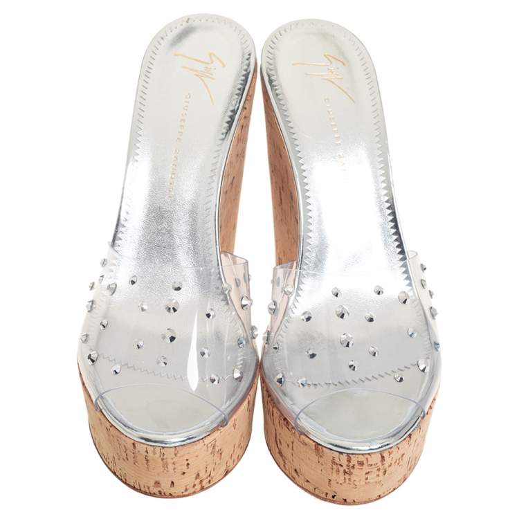 Pre Owned Giuseppe Zanotti Silver PVC Crystal Embellished Platform Wedge Slide Sandals Size 38.5